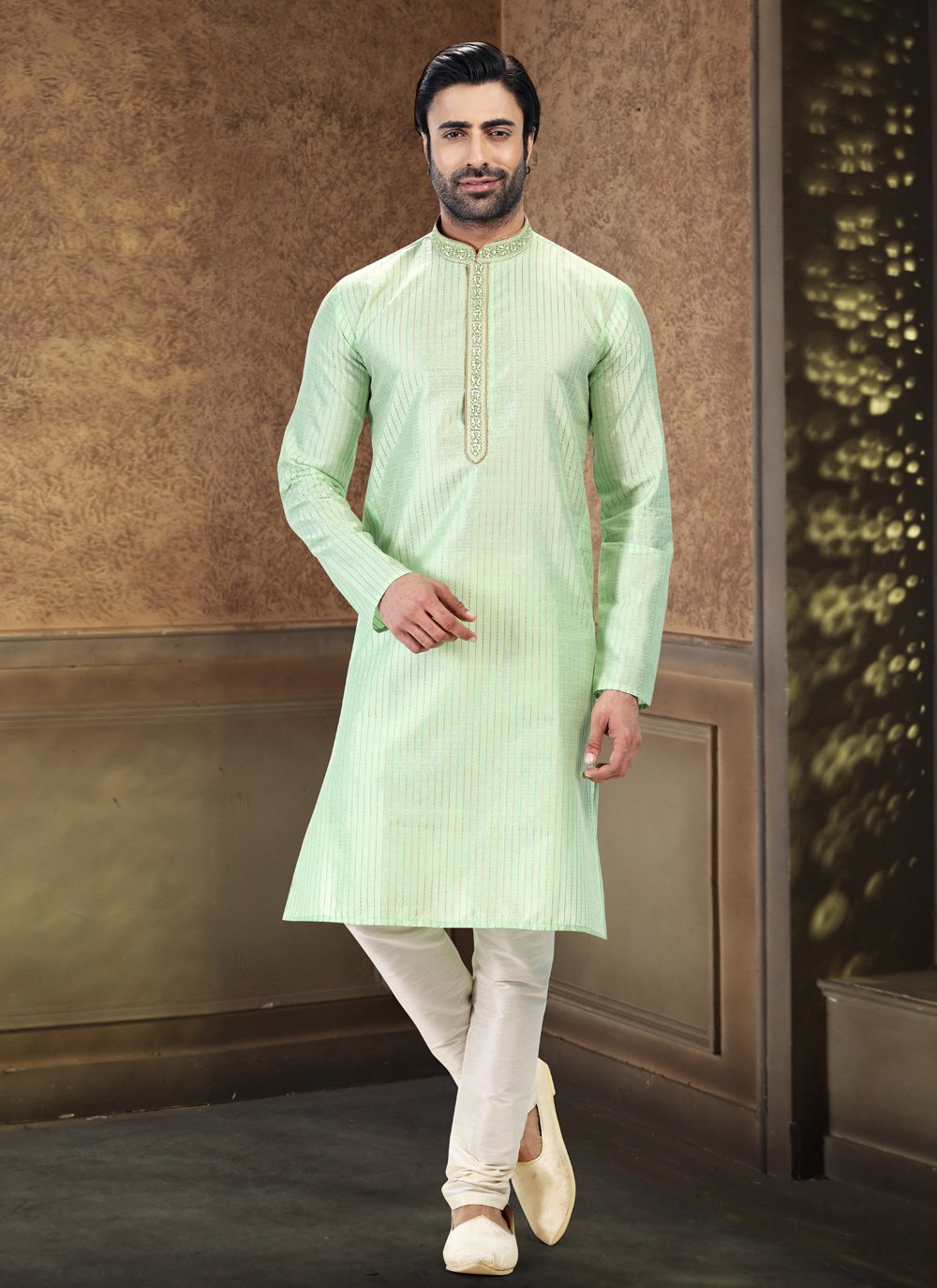 Kurta Pyjama Art Silk Jacquard Green Fancy Work Mens