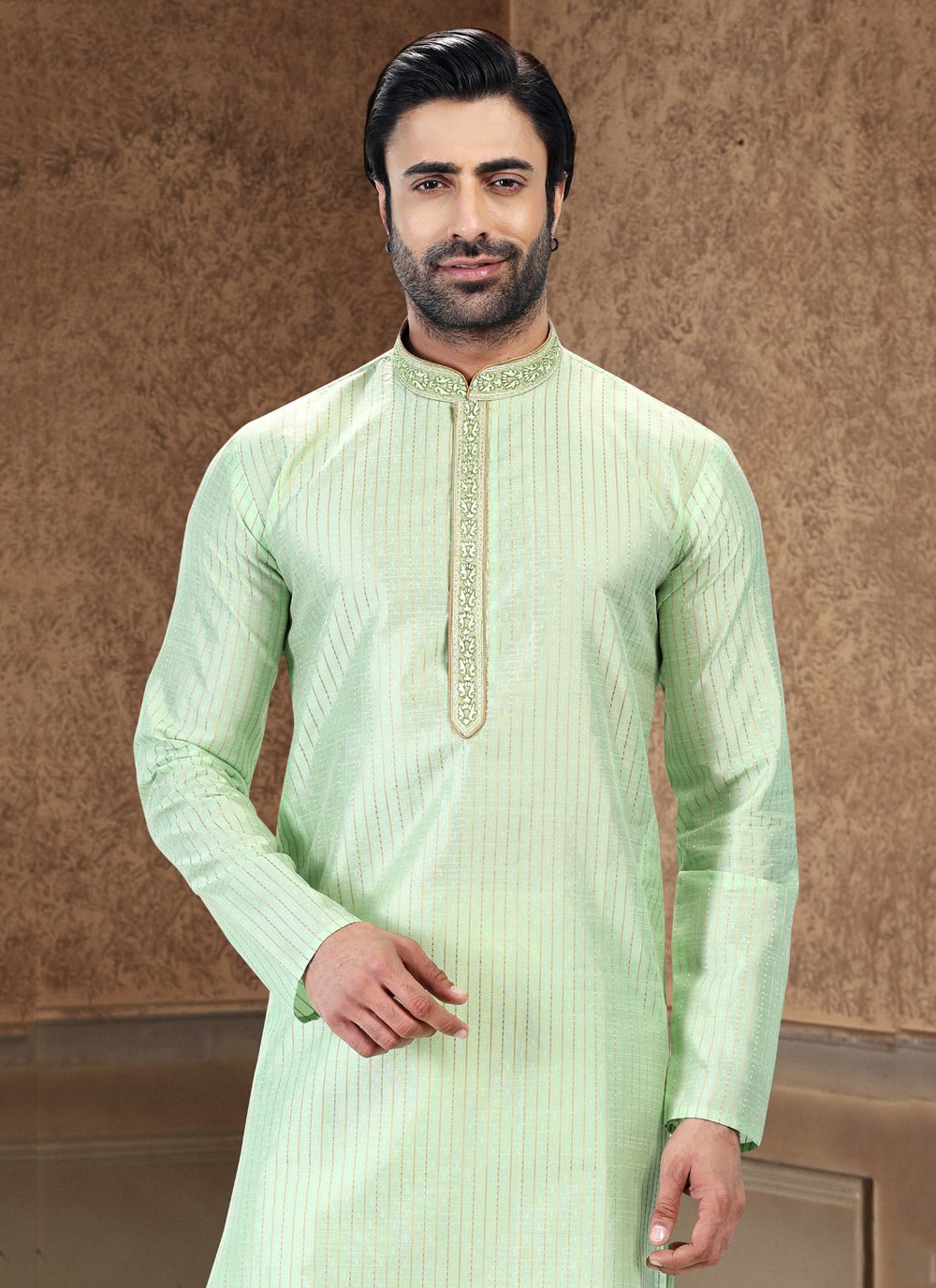 Kurta Pyjama Art Silk Jacquard Green Fancy Work Mens