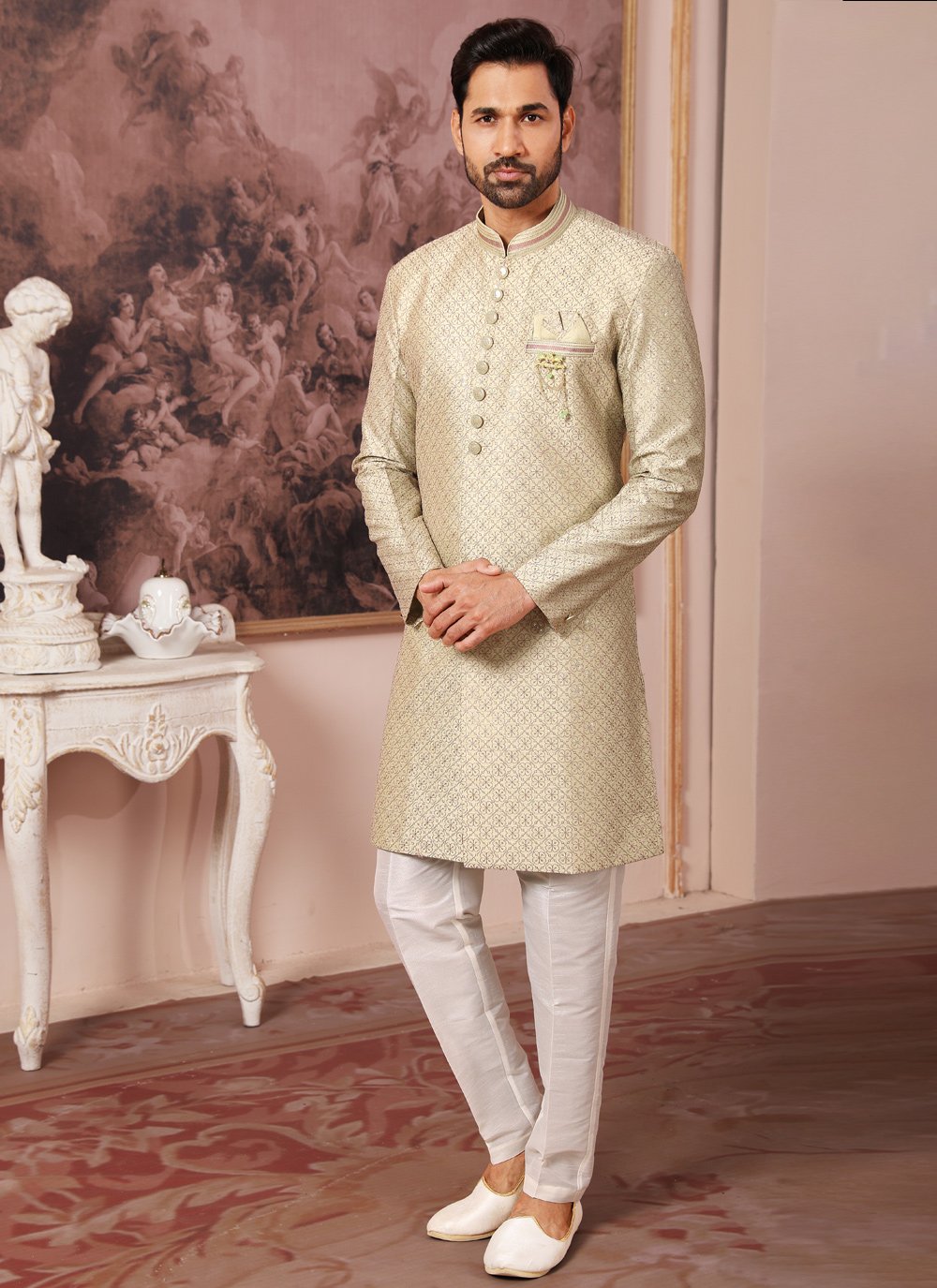 Indo Western Art Silk Green Embroidered Mens