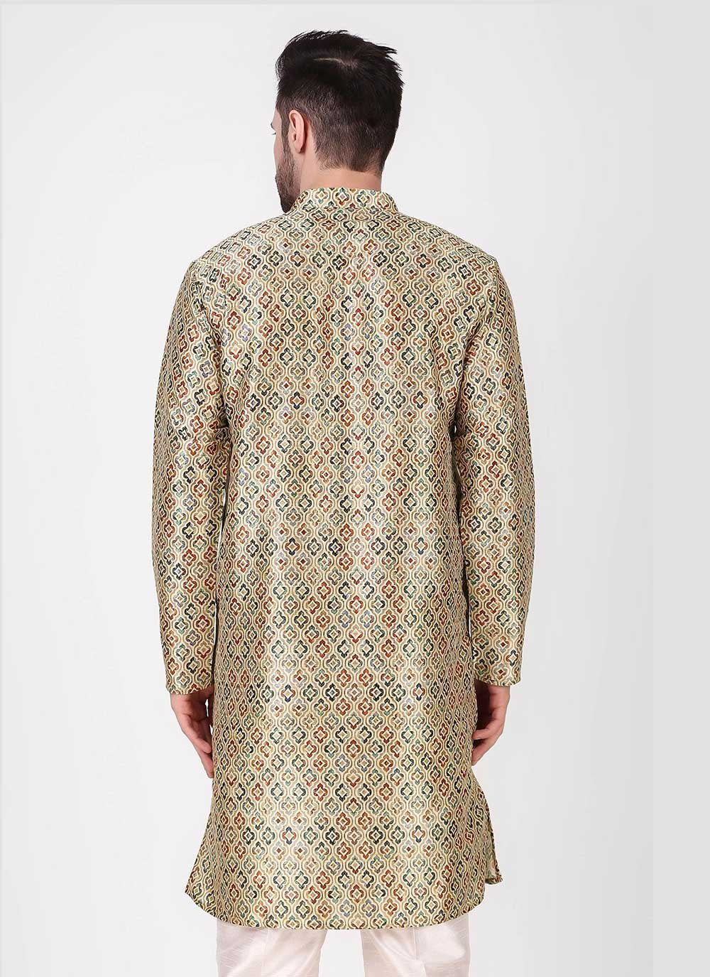 Kurta Pyjama Art Silk Green Print Mens