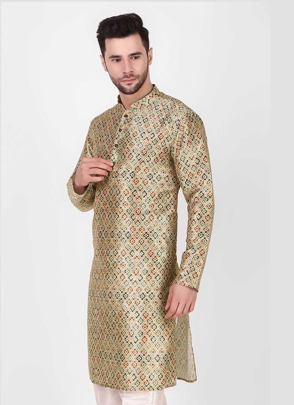 Kurta Pyjama Art Silk Green Print Mens