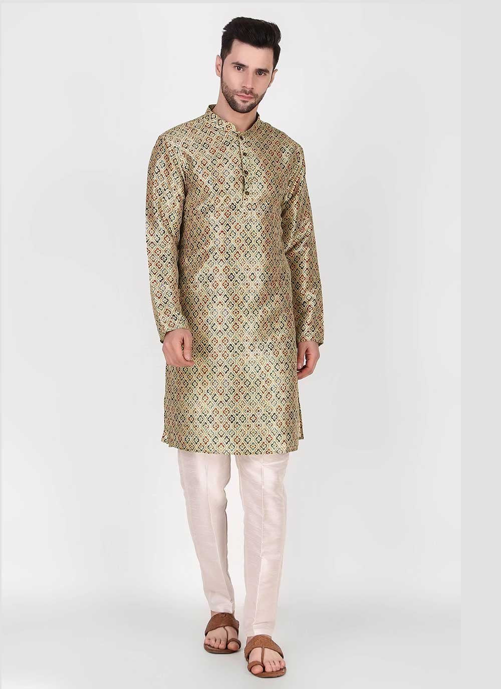 Kurta Pyjama Art Silk Green Print Mens