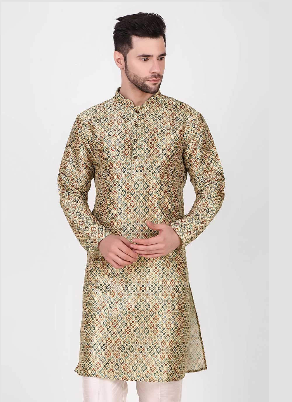 Kurta Pyjama Art Silk Green Print Mens