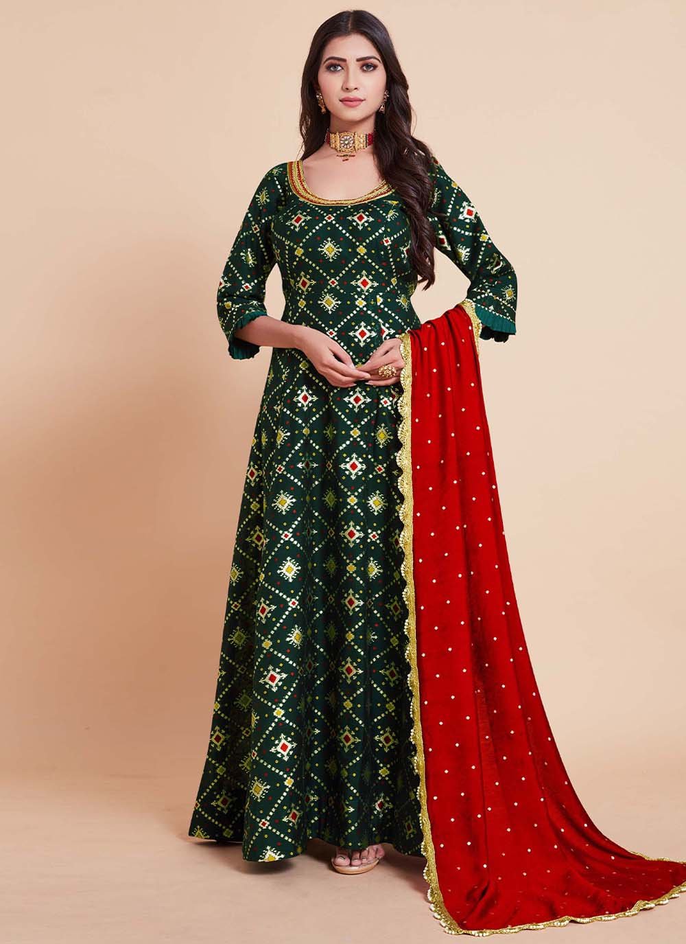 Gown Art Silk Green Weaving Gown