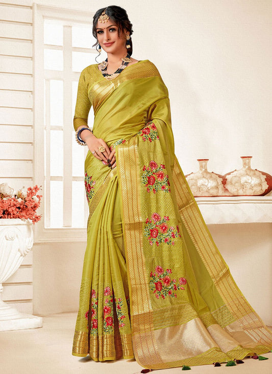 Contemporary Art Silk Green Embroidered Saree