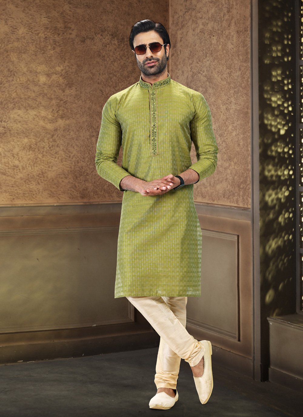 Kurta Pyjama Art Silk Jacquard Green Fancy Work Mens