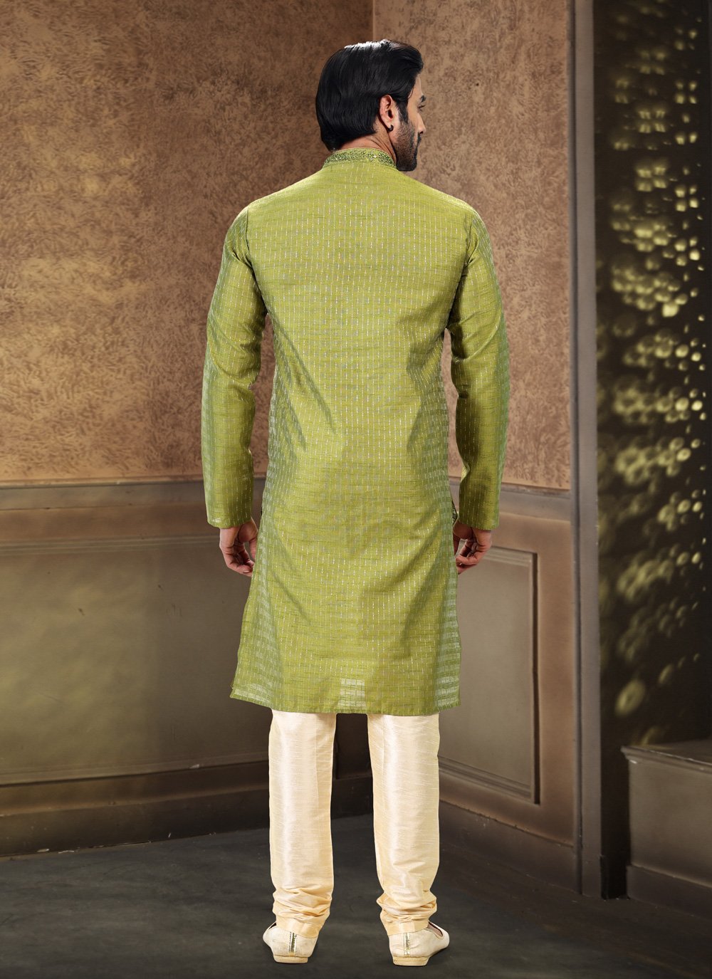 Kurta Pyjama Art Silk Jacquard Green Fancy Work Mens