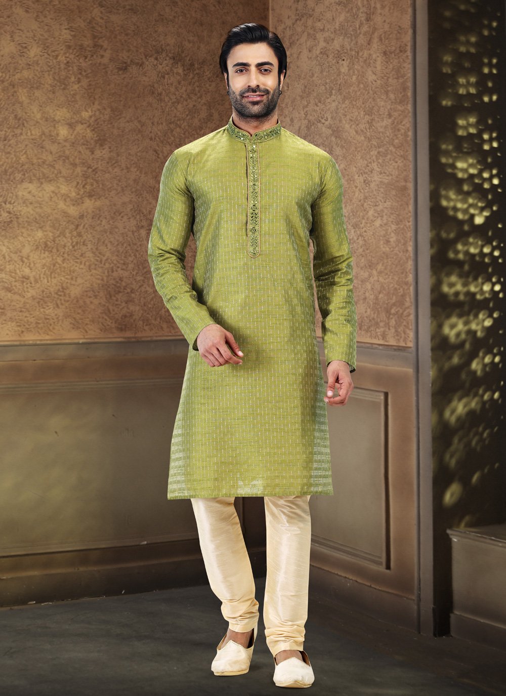 Kurta Pyjama Art Silk Jacquard Green Fancy Work Mens