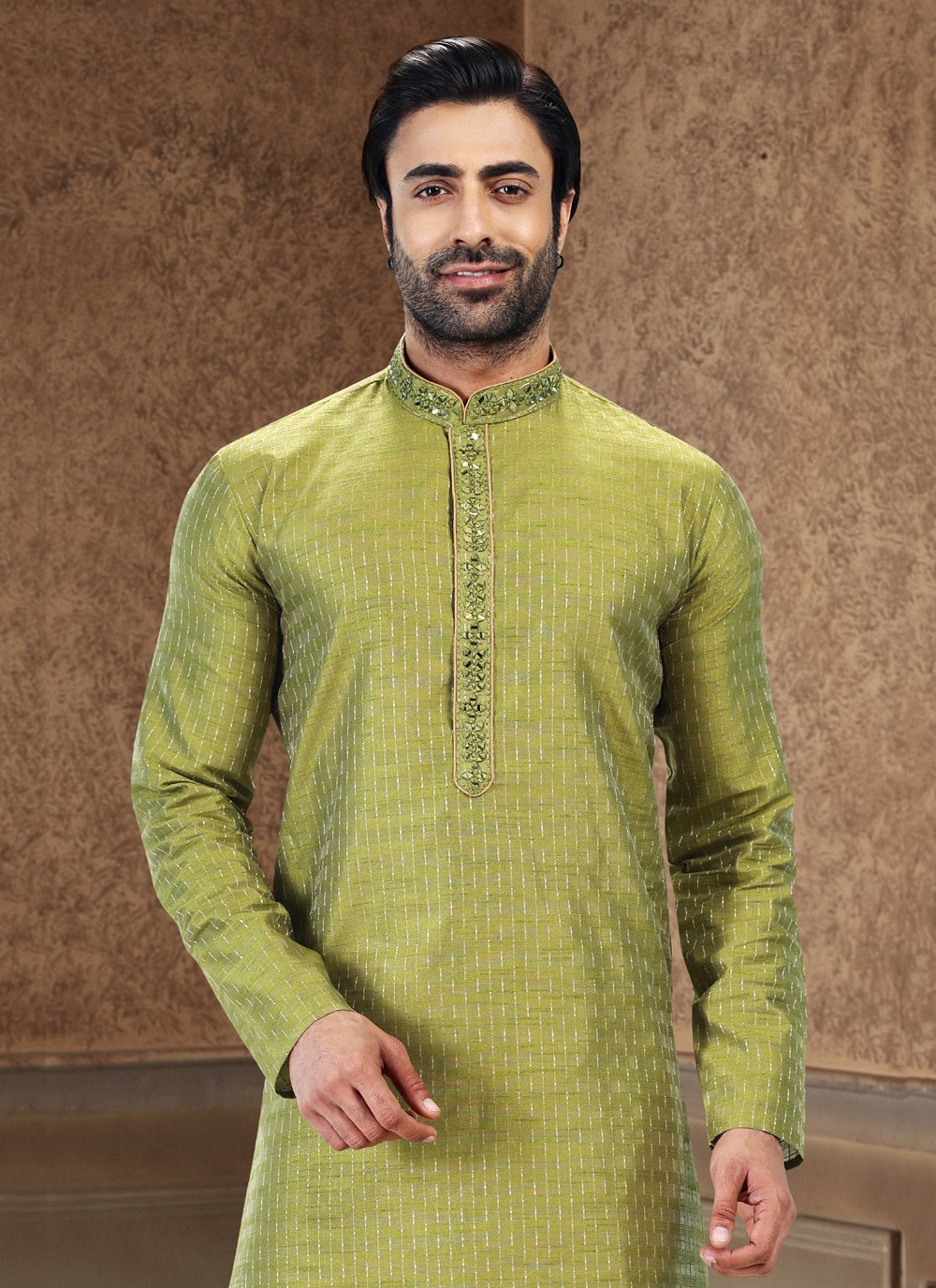 Kurta Pyjama Art Silk Jacquard Green Fancy Work Mens