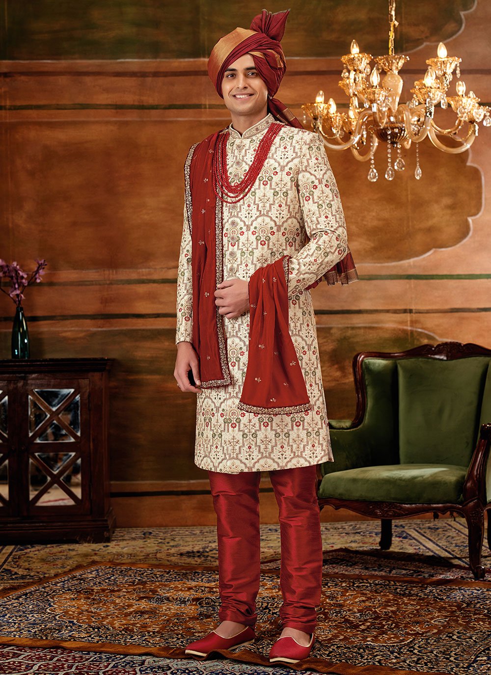 Sherwani Art Silk Cream Hand Work Mens