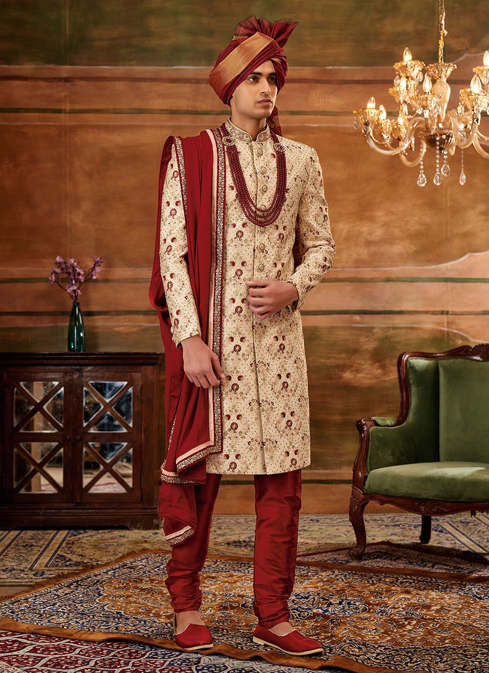 Sherwani Art Silk Beige Hand Work Mens