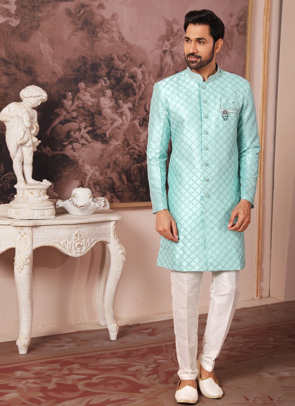 Indo Western Art Silk Aqua Blue Embroidered Mens