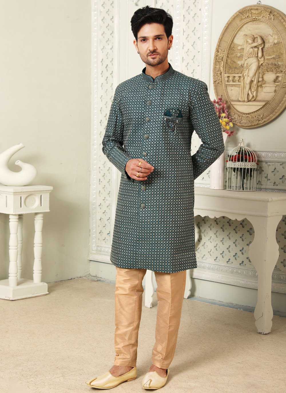 Indo Western Art Silk Green Embroidered Mens