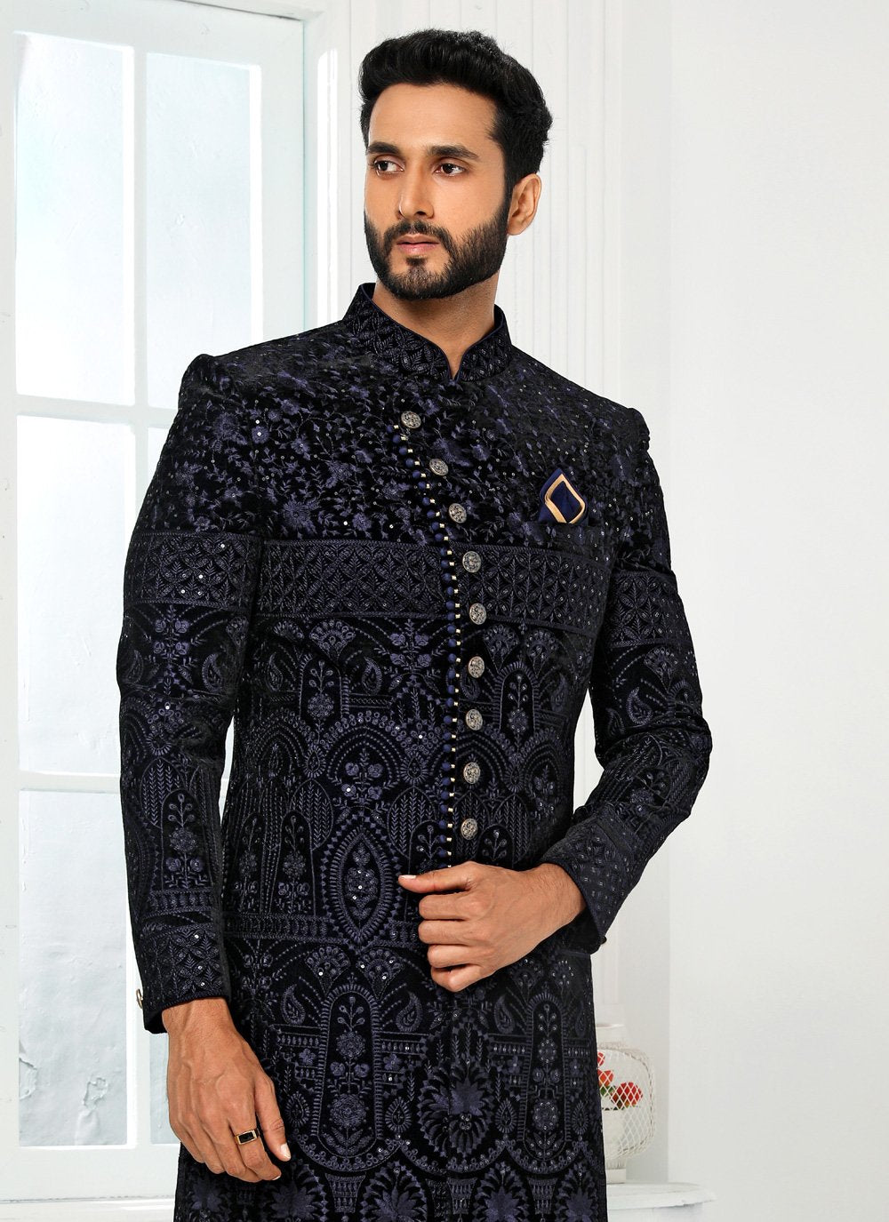 Indo Western Art Silk Blue Machine Embroidery Mens