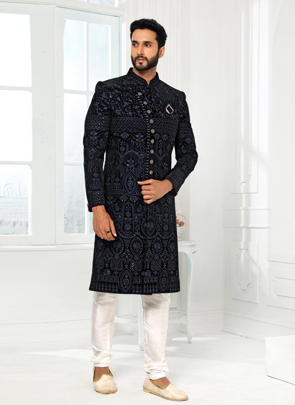 Indo Western Art Silk Blue Machine Embroidery Mens