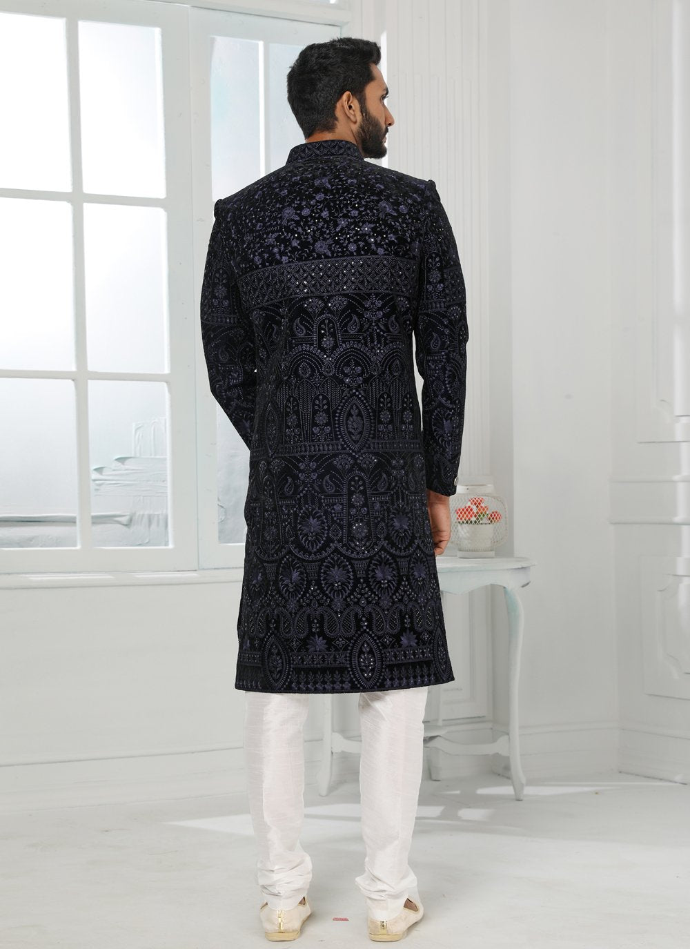 Indo Western Art Silk Blue Machine Embroidery Mens