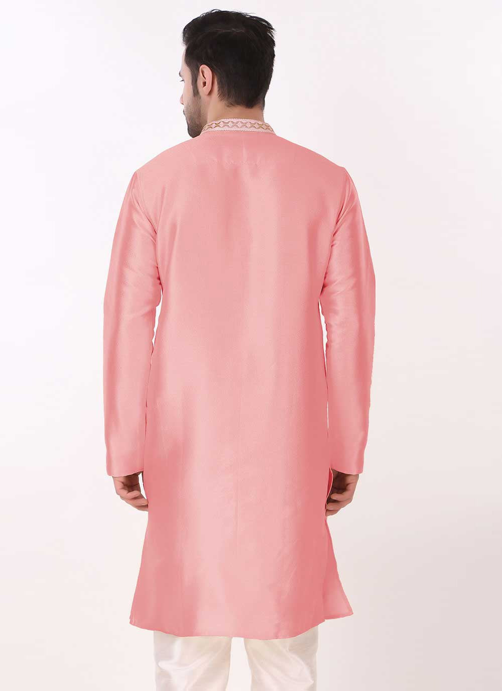 Kurta Pyjama Art Silk Pink Embroidered Mens