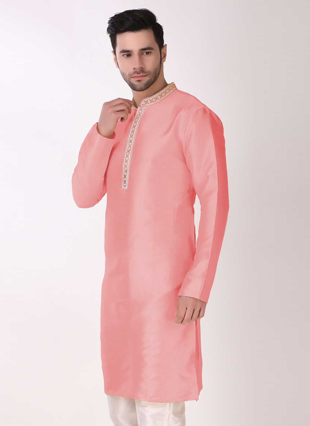 Kurta Pyjama Art Silk Pink Embroidered Mens