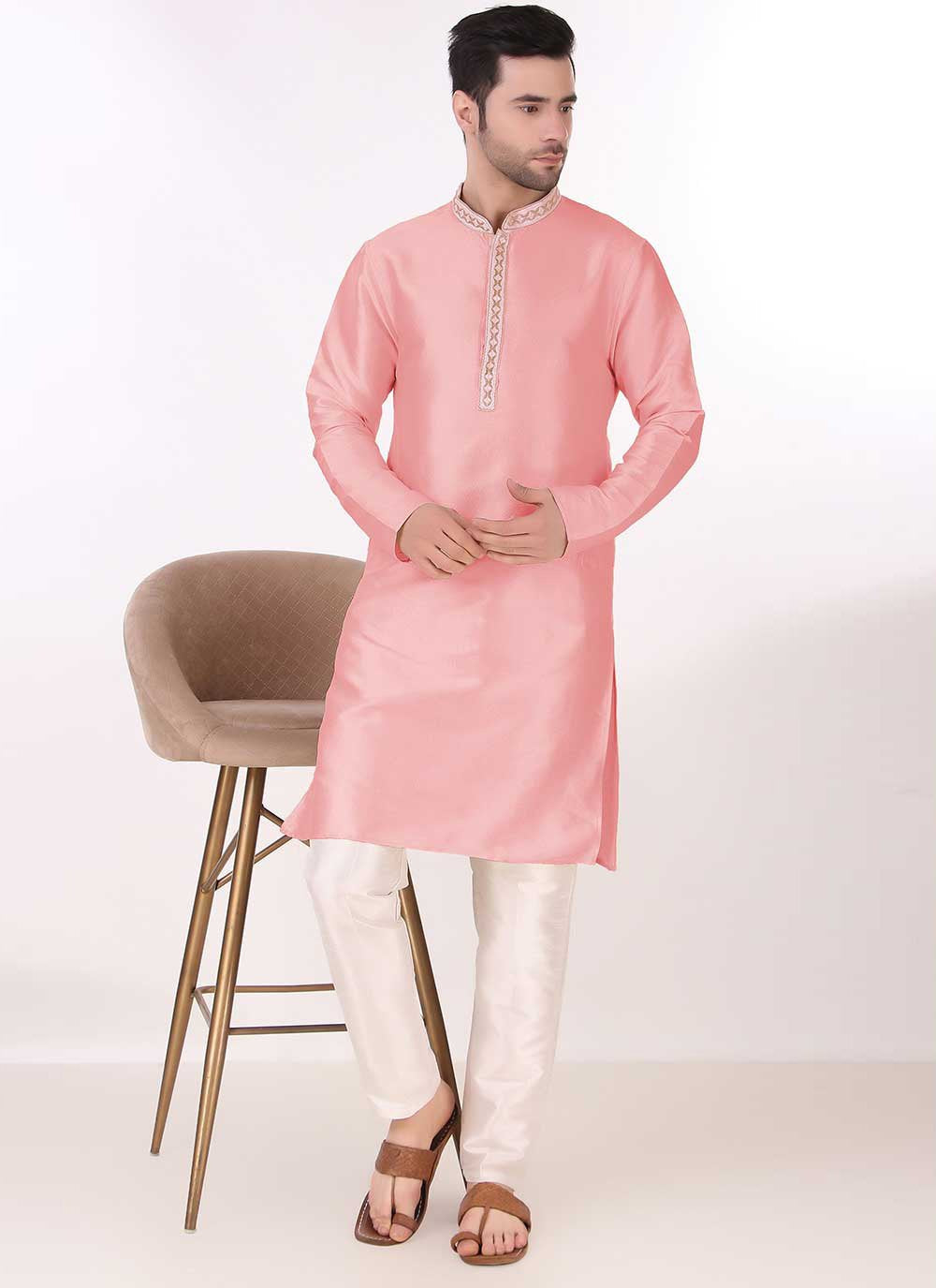 Kurta Pyjama Art Silk Pink Embroidered Mens