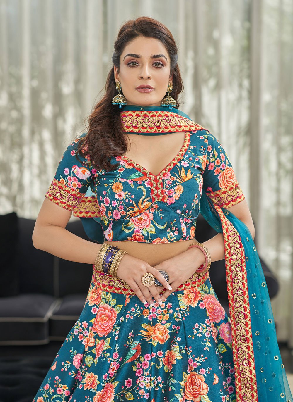 Lehenga Choli Art Silk Teal Digital Print Lehenga Choli