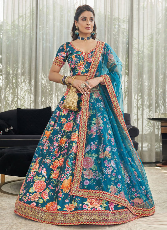 Lehenga Choli Art Silk Teal Digital Print Lehenga Choli