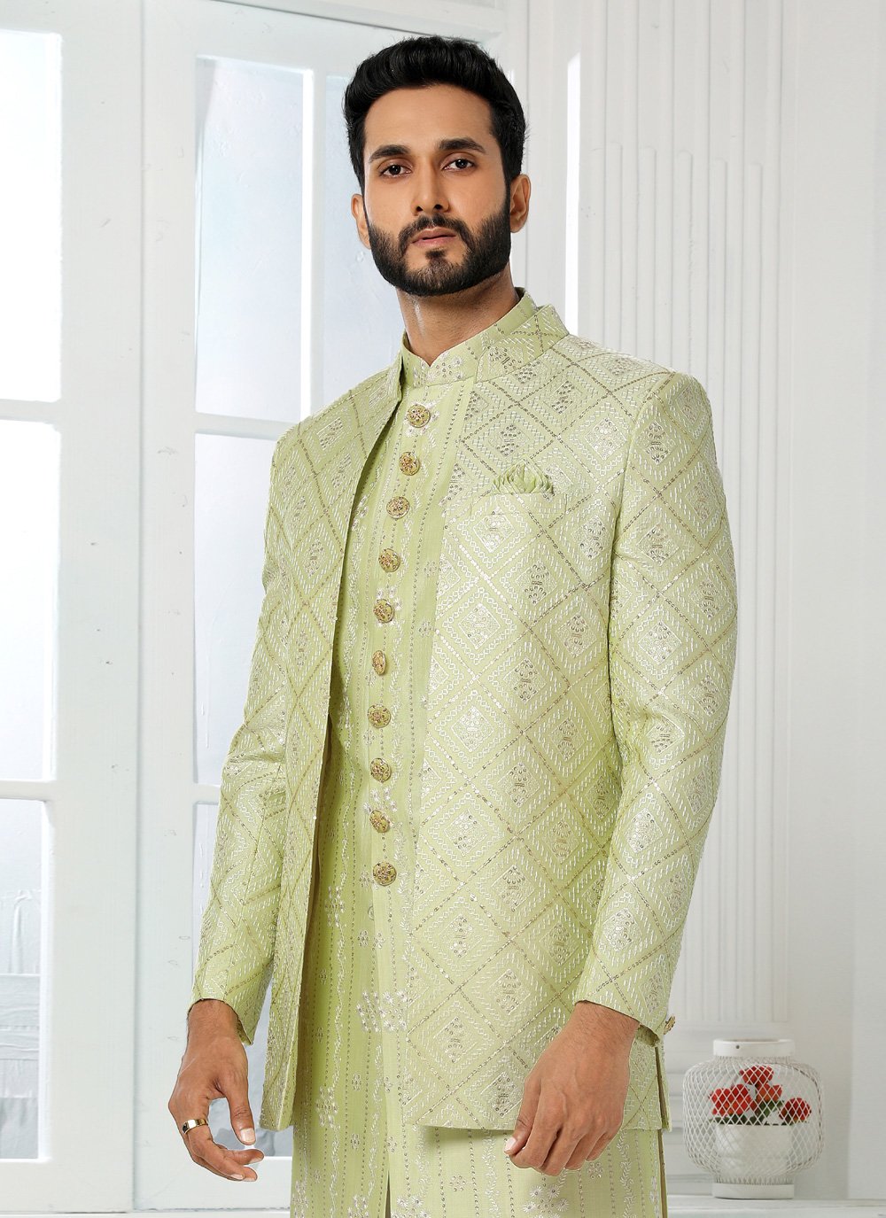 Indo Western Art Silk Green Machine Embroidery Mens