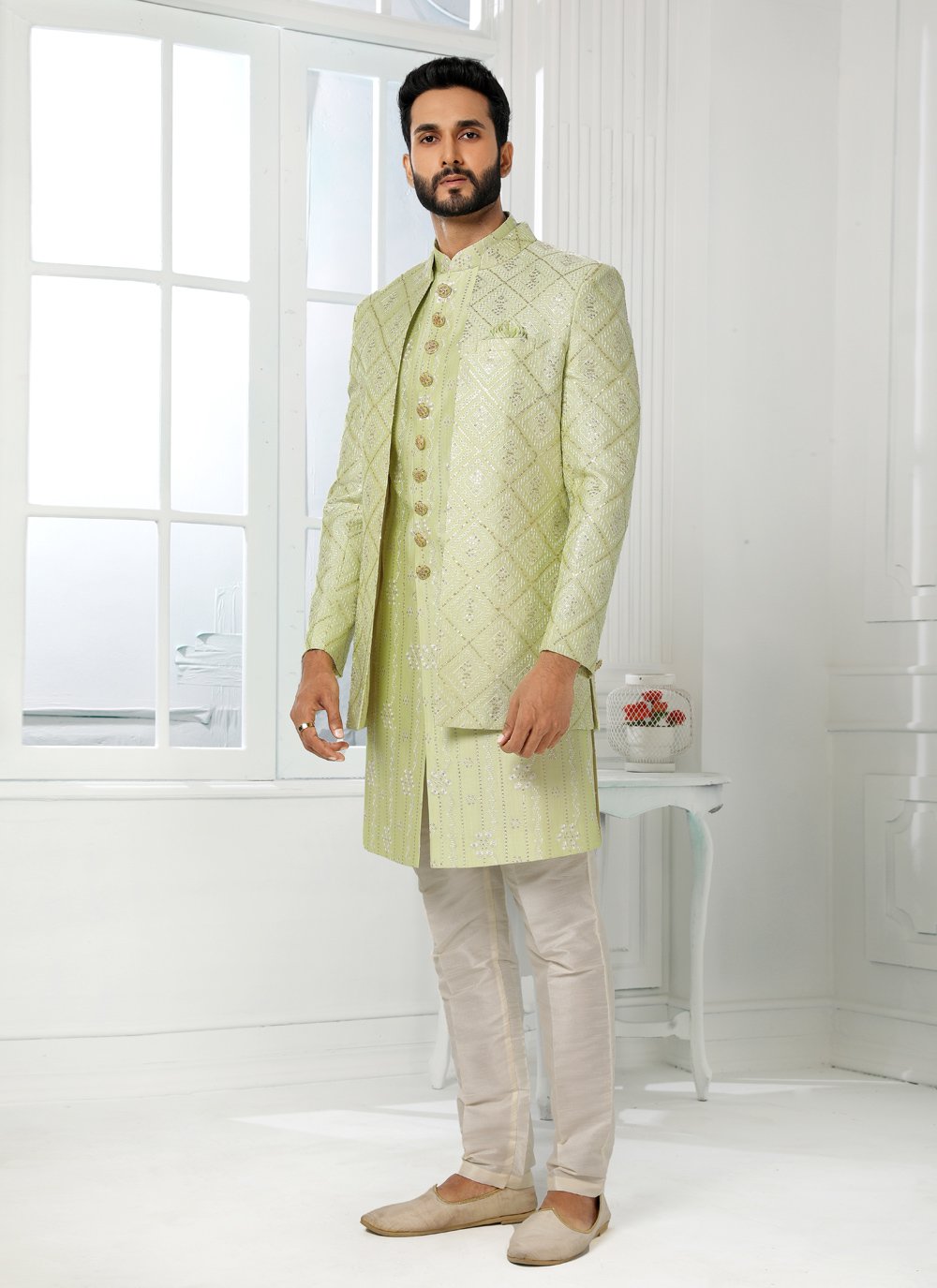 Indo Western Art Silk Green Machine Embroidery Mens