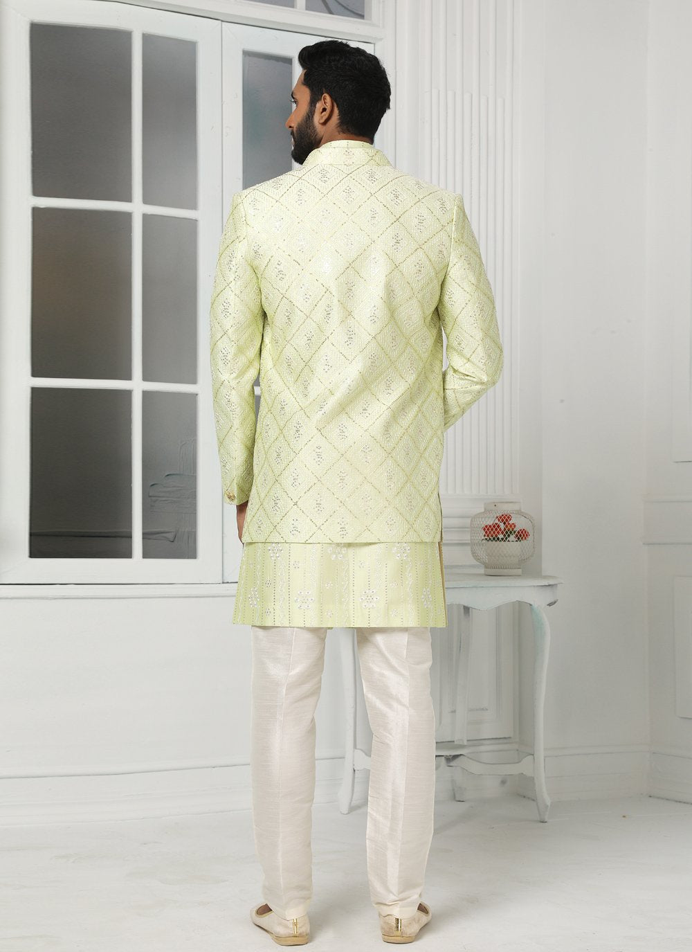 Indo Western Art Silk Green Machine Embroidery Mens