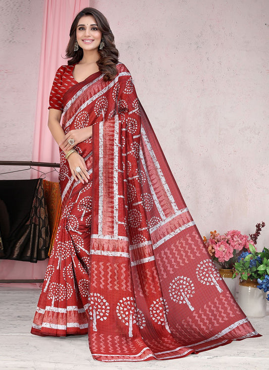 Contemporary Art Silk Magenta Block Print Saree