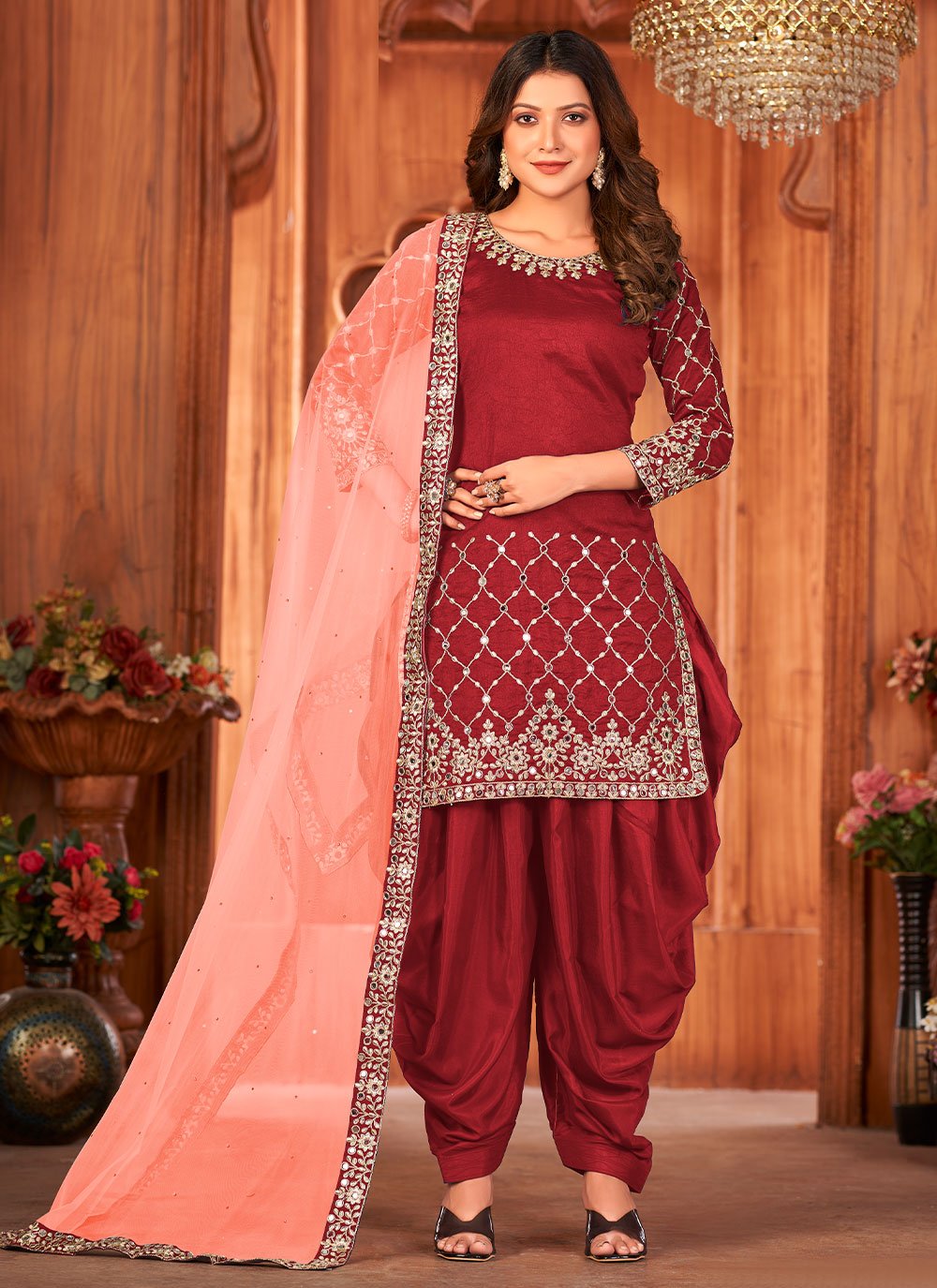 Salwar Suit Art Silk Maroon Embroidered Salwar Kameez