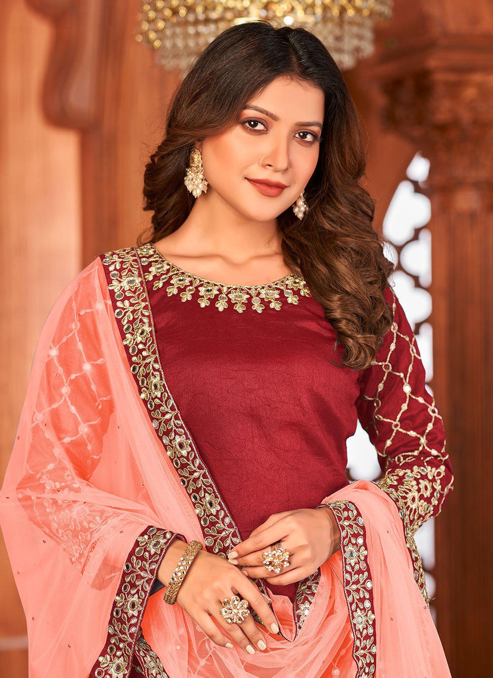 Salwar Suit Art Silk Maroon Embroidered Salwar Kameez