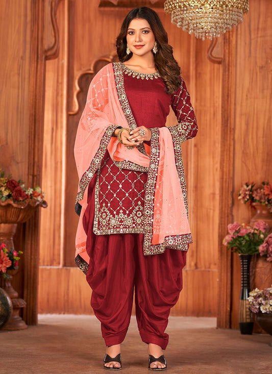 Salwar Suit Art Silk Maroon Embroidered Salwar Kameez