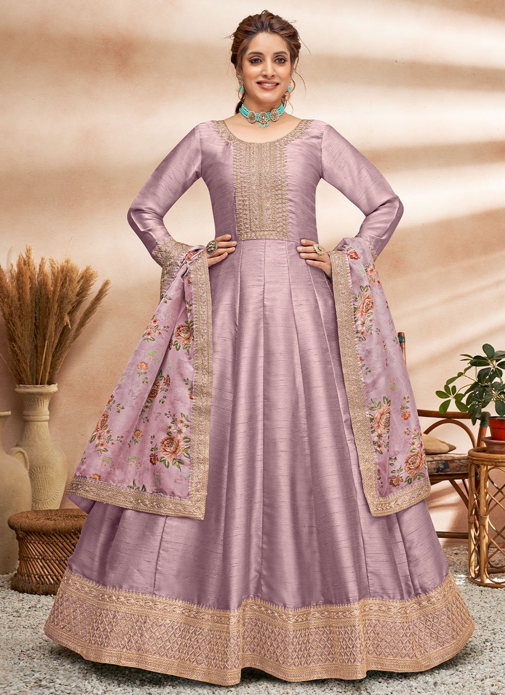 Salwar Suit Art Silk Mauve Embroidered Salwar Kameez