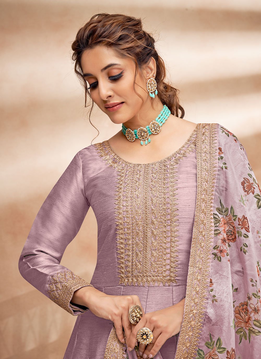 Salwar Suit Art Silk Mauve Embroidered Salwar Kameez