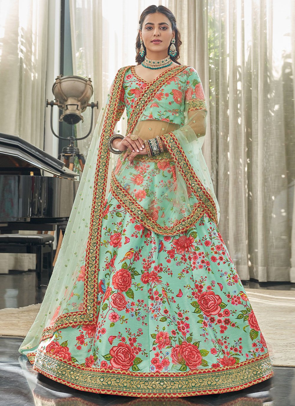 Lehenga Style Saree Art Silk Sea Green Digital Print Lehenga Choli