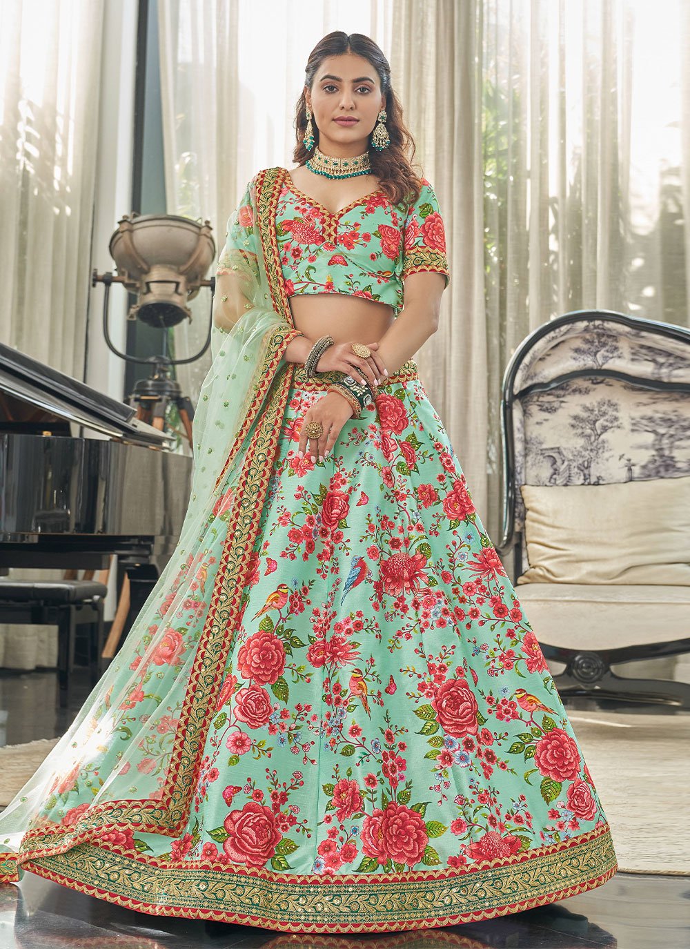 Lehenga Style Saree Art Silk Sea Green Digital Print Lehenga Choli