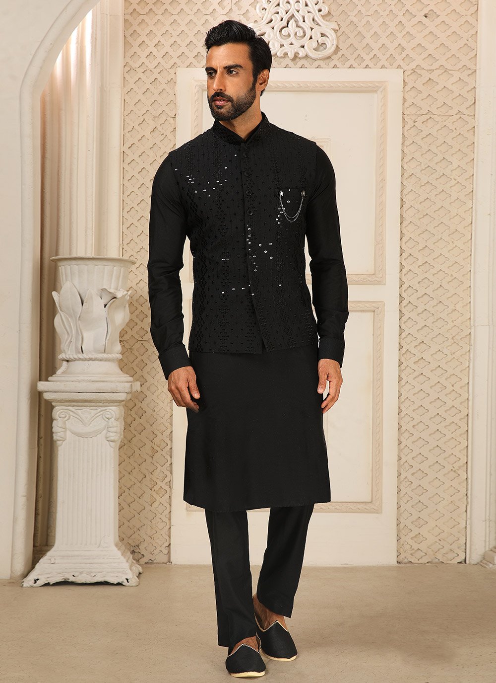 Kurta Payjama With Jacket Art Silk Black Embroidered Mens