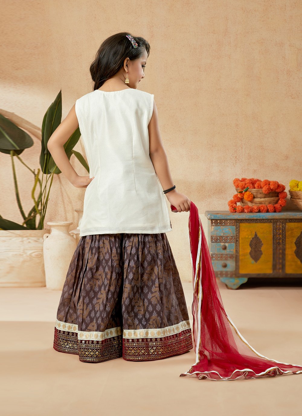 Sharara Set Art Silk Off White Embroidered Kids