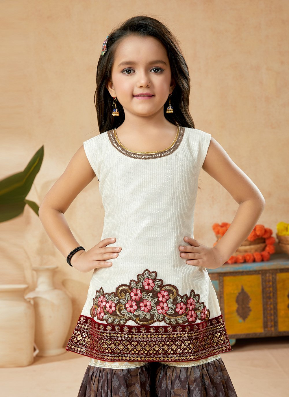 Sharara Set Art Silk Off White Embroidered Kids