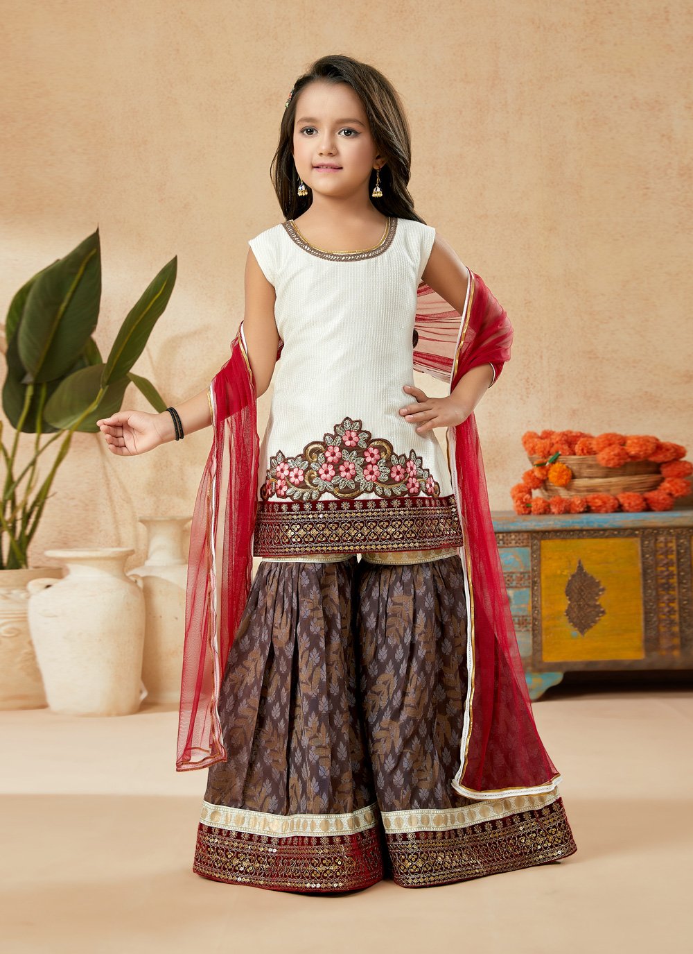 Sharara Set Art Silk Off White Embroidered Kids