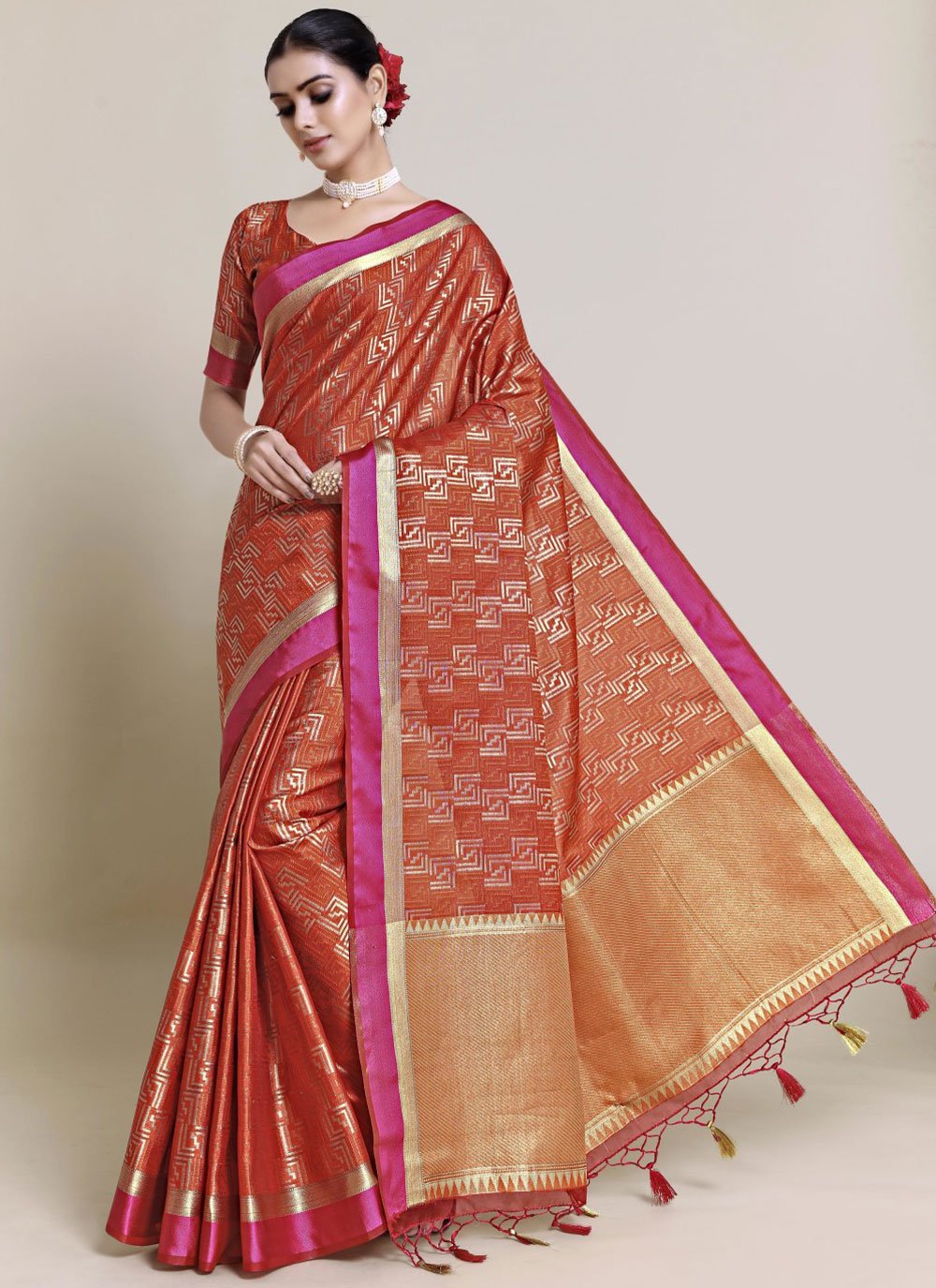 Trendy Saree Art Silk Uppada Silk Orange Zari Saree