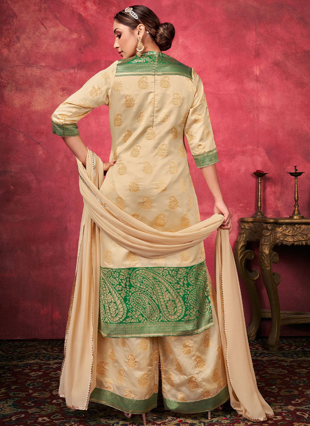 Palazzo Salwar Suit Art Silk Beige Woven Salwar Kameez