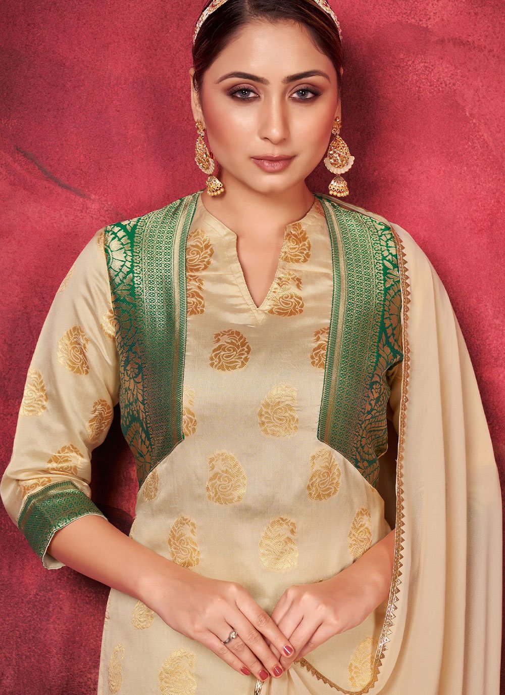 Palazzo Salwar Suit Art Silk Beige Woven Salwar Kameez