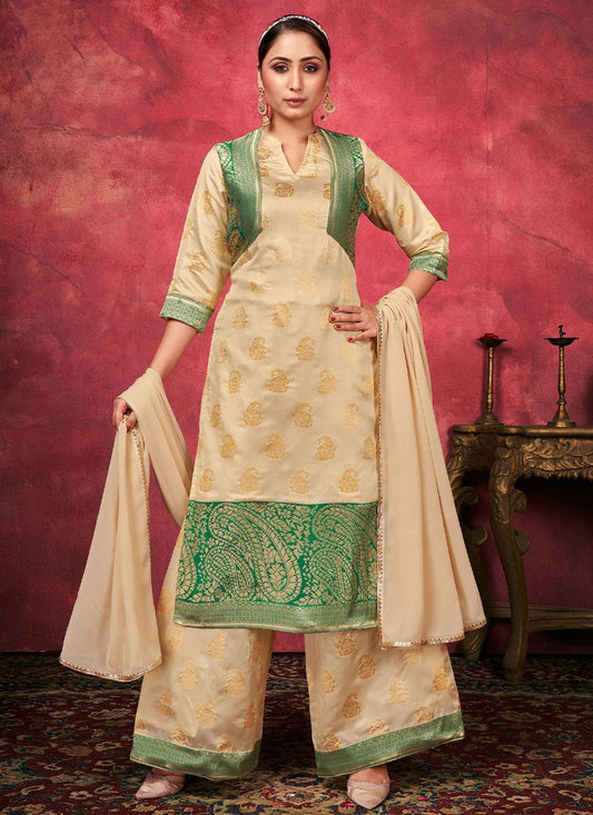 Palazzo Salwar Suit Art Silk Beige Woven Salwar Kameez