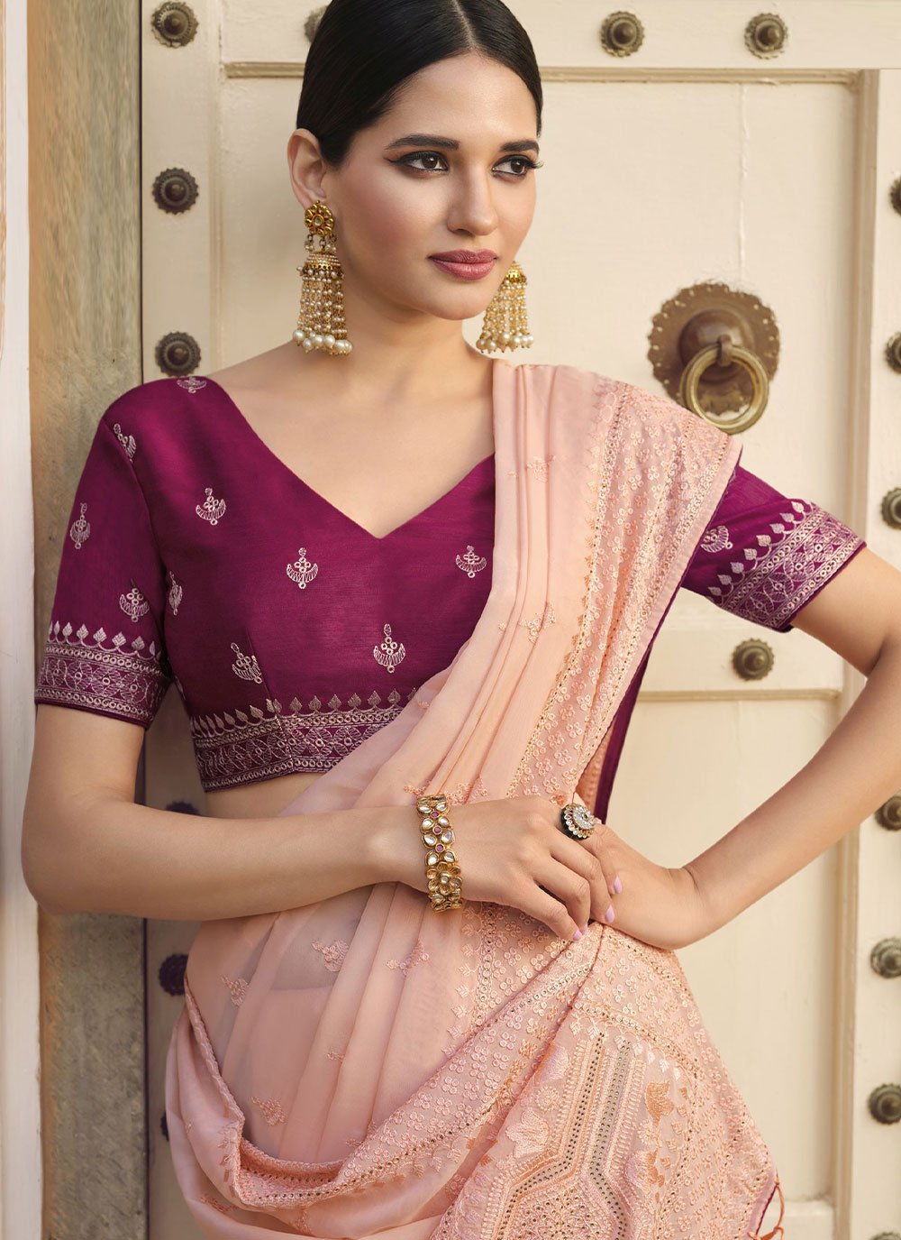 Contemporary Art Silk Peach Embroidered Saree