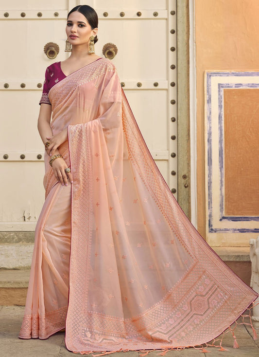 Contemporary Art Silk Peach Embroidered Saree