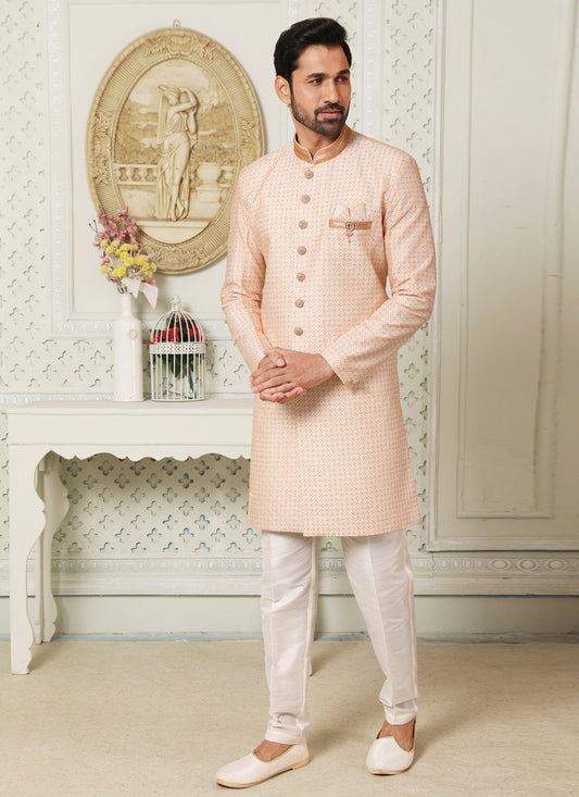 Indo Western Art Silk Peach Embroidered Mens