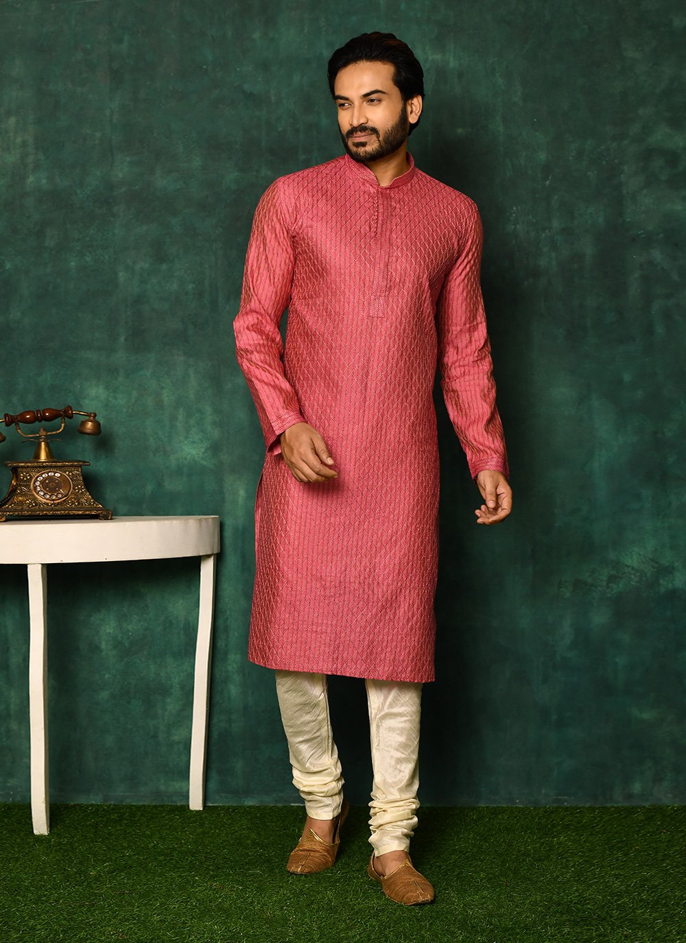 Kurta Pyjama Art Silk Pink Woven Mens