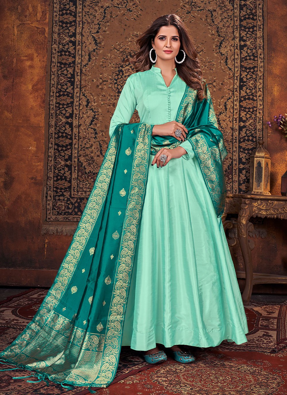 Anarkali Suit Art Silk Sea Green Plain Salwar Kameez