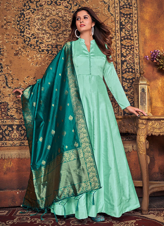 Anarkali Suit Art Silk Sea Green Plain Salwar Kameez